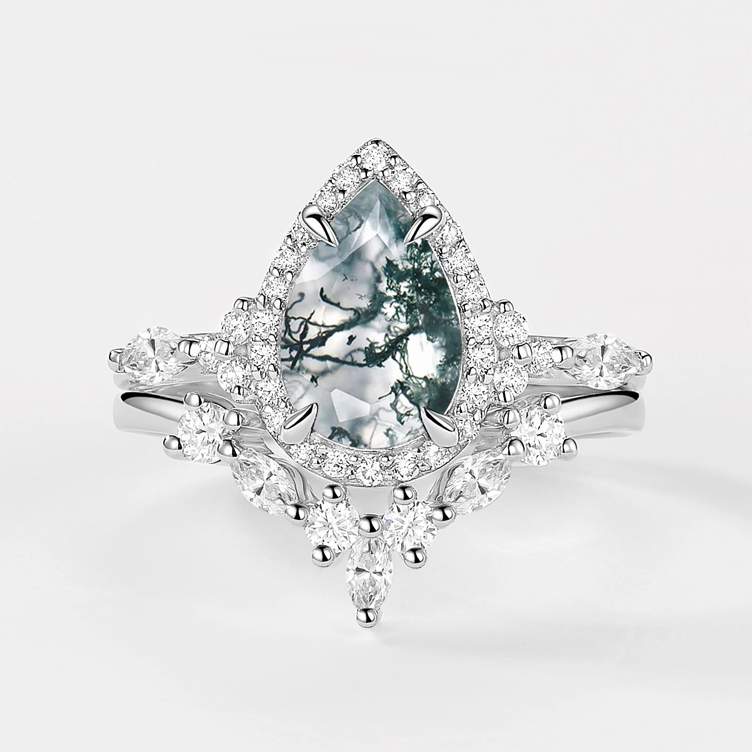 Fashion Fit Premium Jewelry Vintage Pear Cut Black Rutilated Quartz Halo Ring Set 2pcs