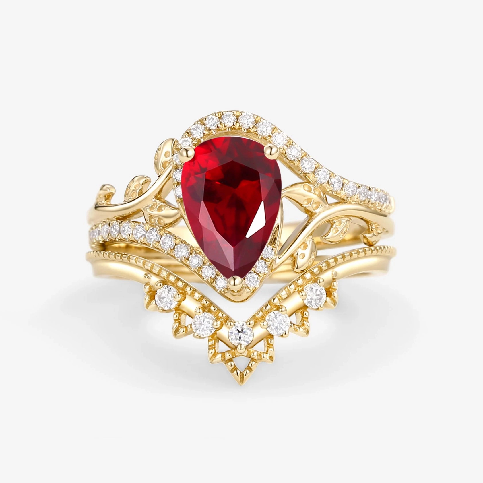 Vintage Pear Cut Lab Ruby Leafy Ring Set 2pcs - Theia Celebration Style Timeless Shine