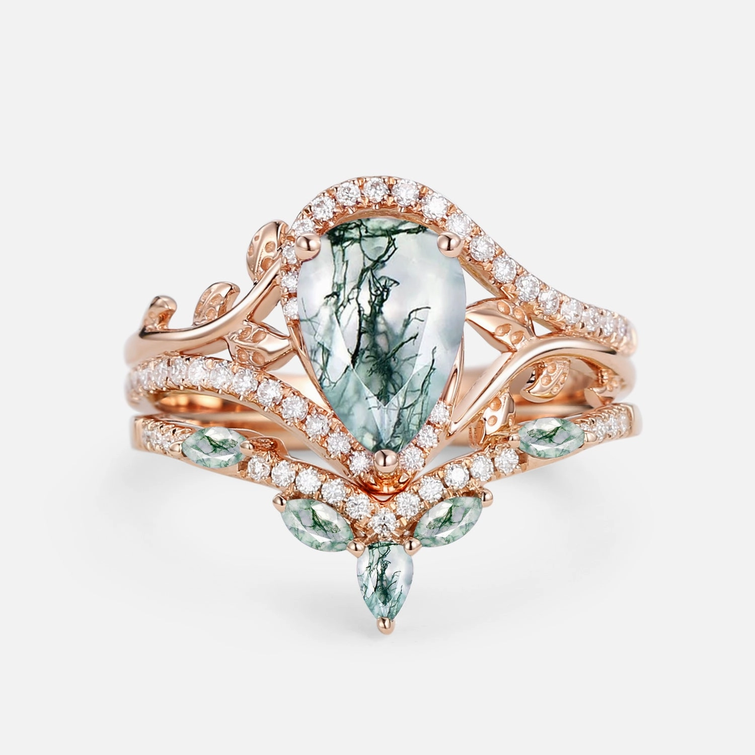 Vintage Pear Cut Moss Agate & Moissanite Leafy Ring Set 2pcs - Dalia Occasion Ready