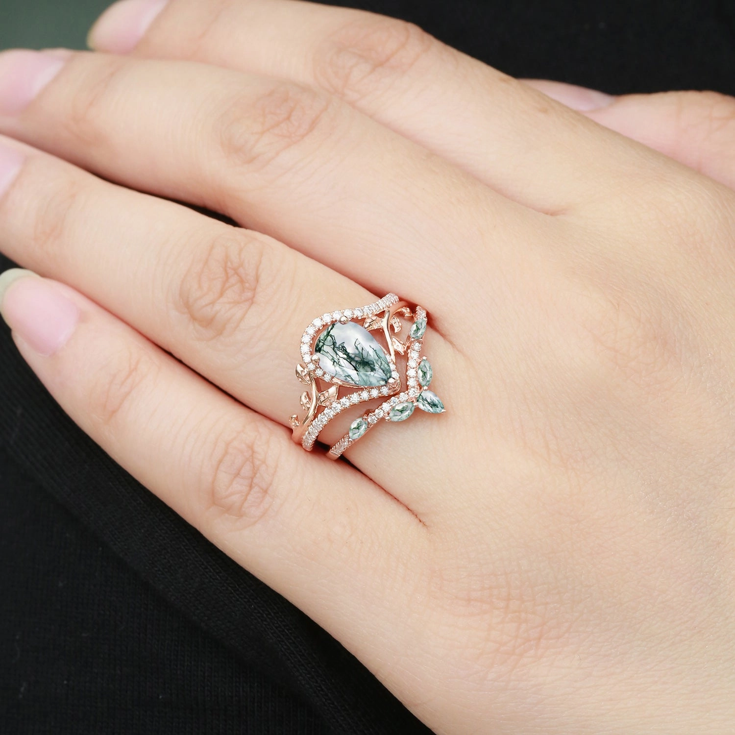 Vintage Pear Cut Moss Agate & Moissanite Leafy Ring Set 2pcs - Dalia Street Ready Modern Style