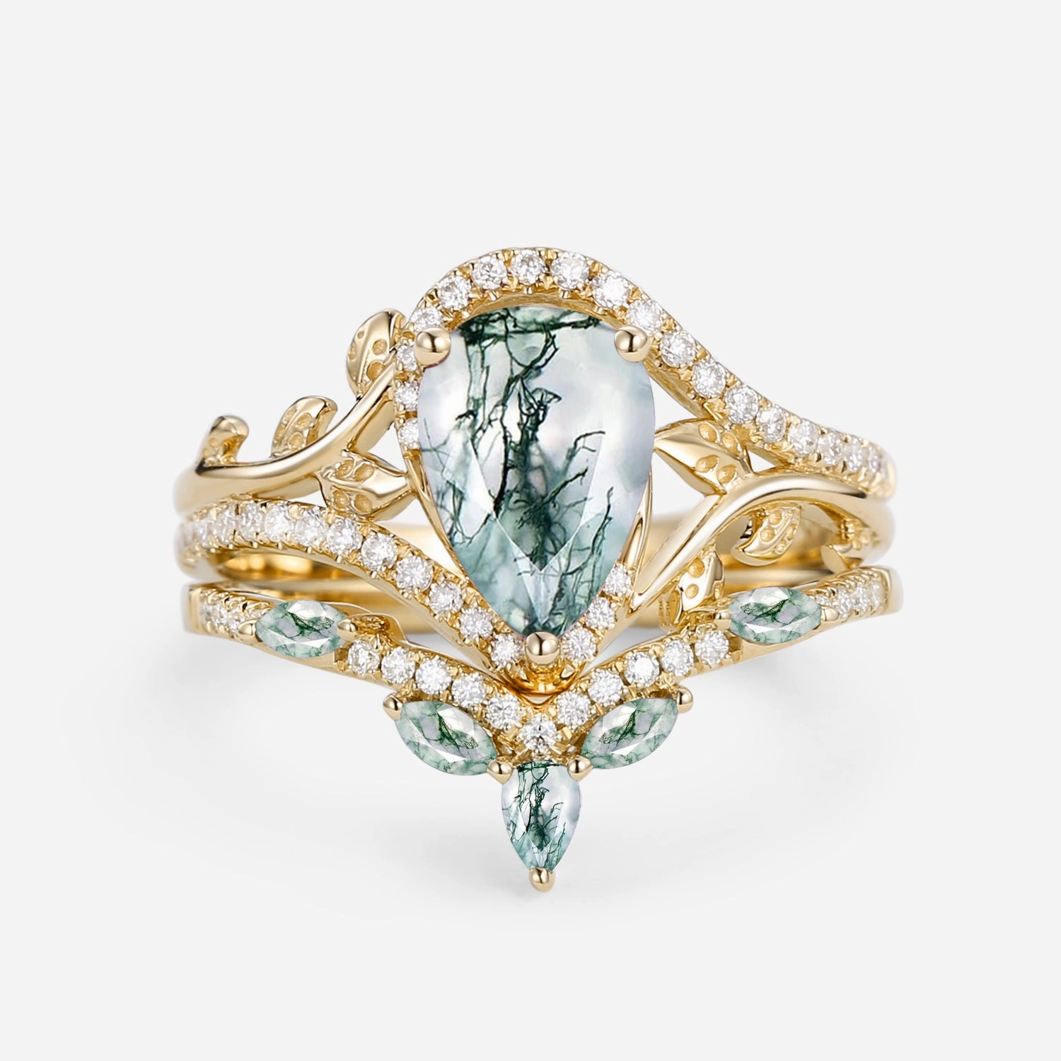 Camera Focus Radiant Highlight Vintage Pear Cut Moss Agate & Moissanite Leafy Ring Set 2pcs - Dalia