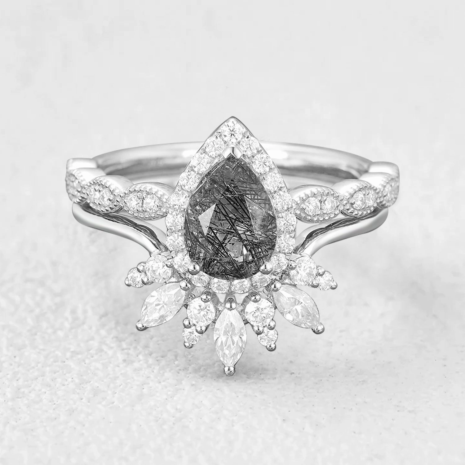 Elite Shape Luxury Element Vintage Pear Shaped Black Rutilated Quartz Engagement Ring Set 2pcs