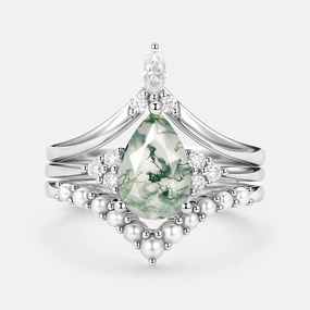 Vintage Pear Shaped Moss Agate Engagement Ring Set 3pcs Flawless Finish