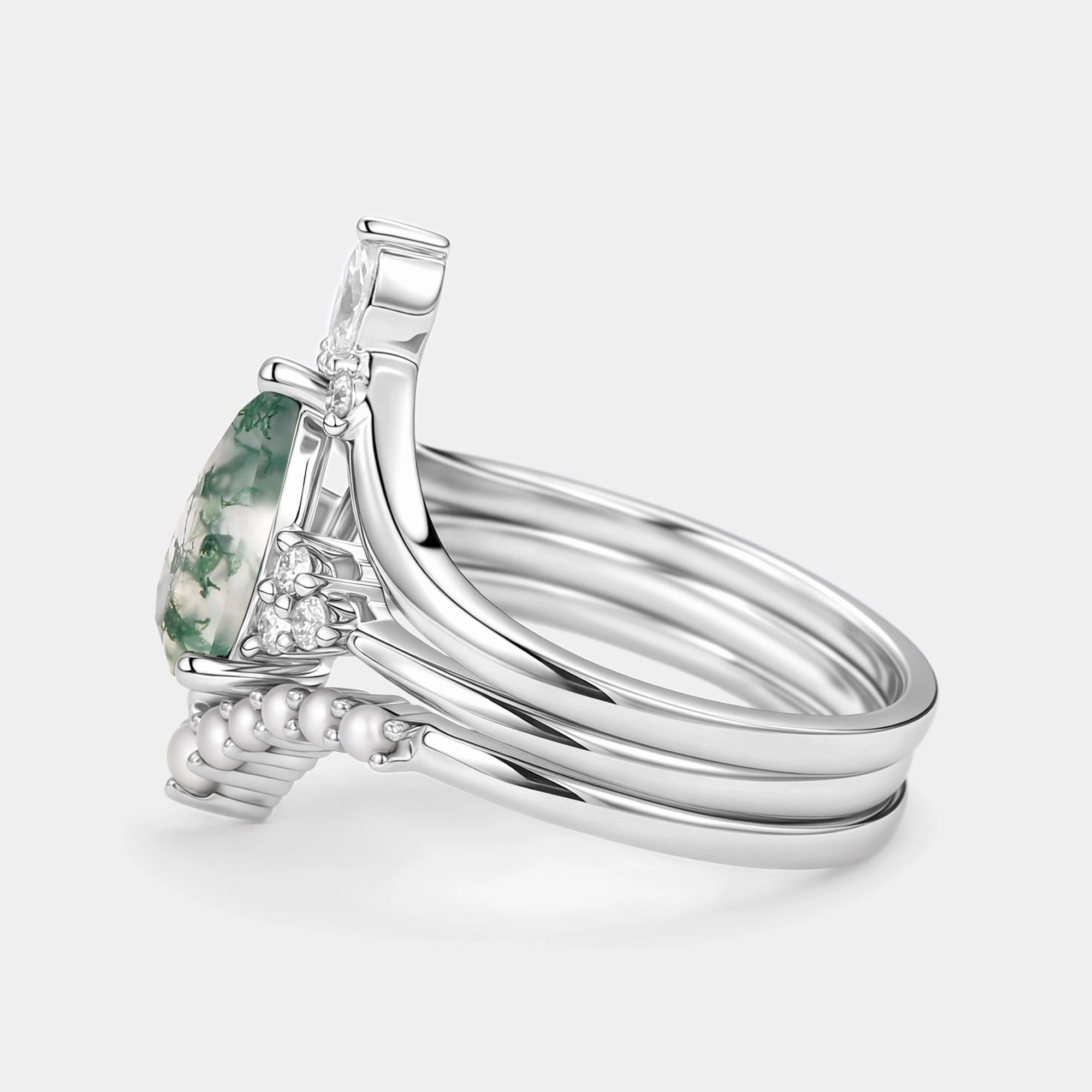 Vintage Pear Shaped Moss Agate Engagement Ring Set 3pcs Shine On