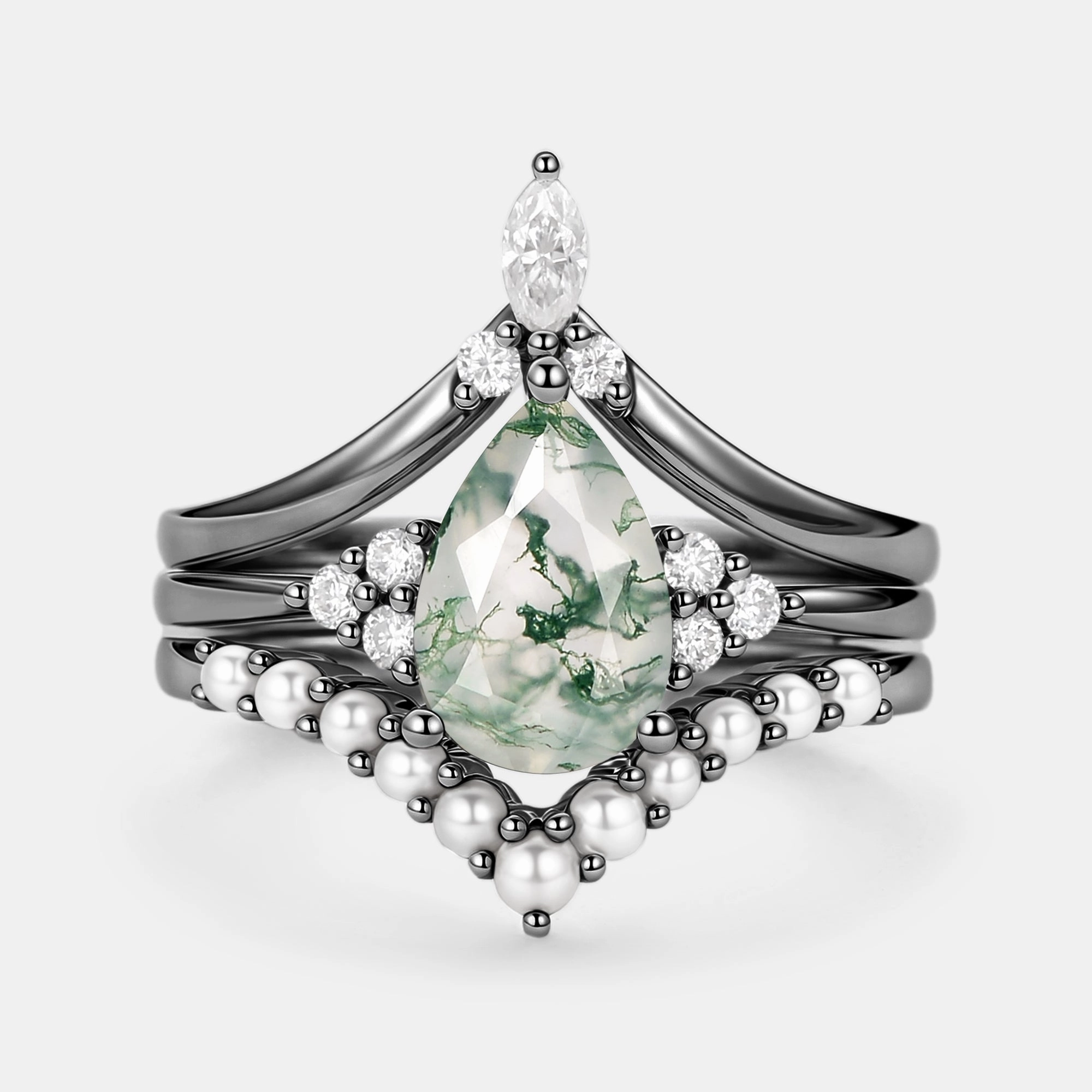 Clean Lines Casual Vibe Vintage Pear Shaped Moss Agate Engagement Ring Set 3pcs
