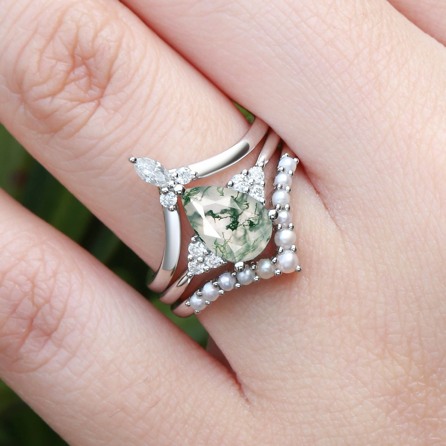 Classic Pieces Vivid Glow Vintage Pear Shaped Moss Agate Engagement Ring Set 3pcs