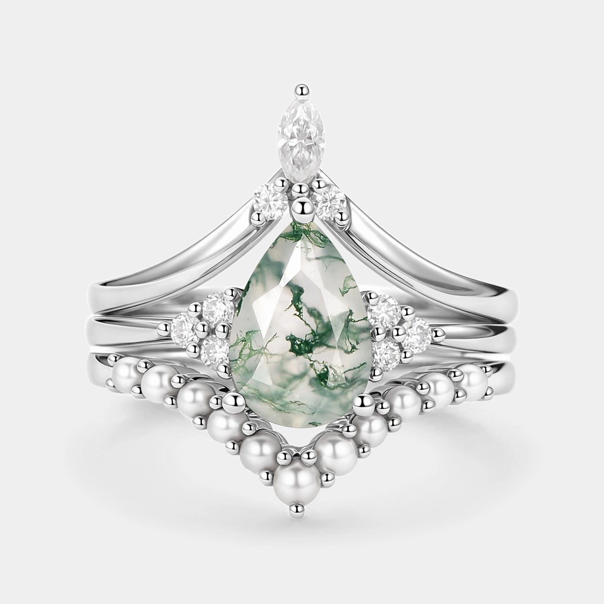 Vintage Pear Shaped Moss Agate Engagement Ring Set 3pcs Flawless Finish