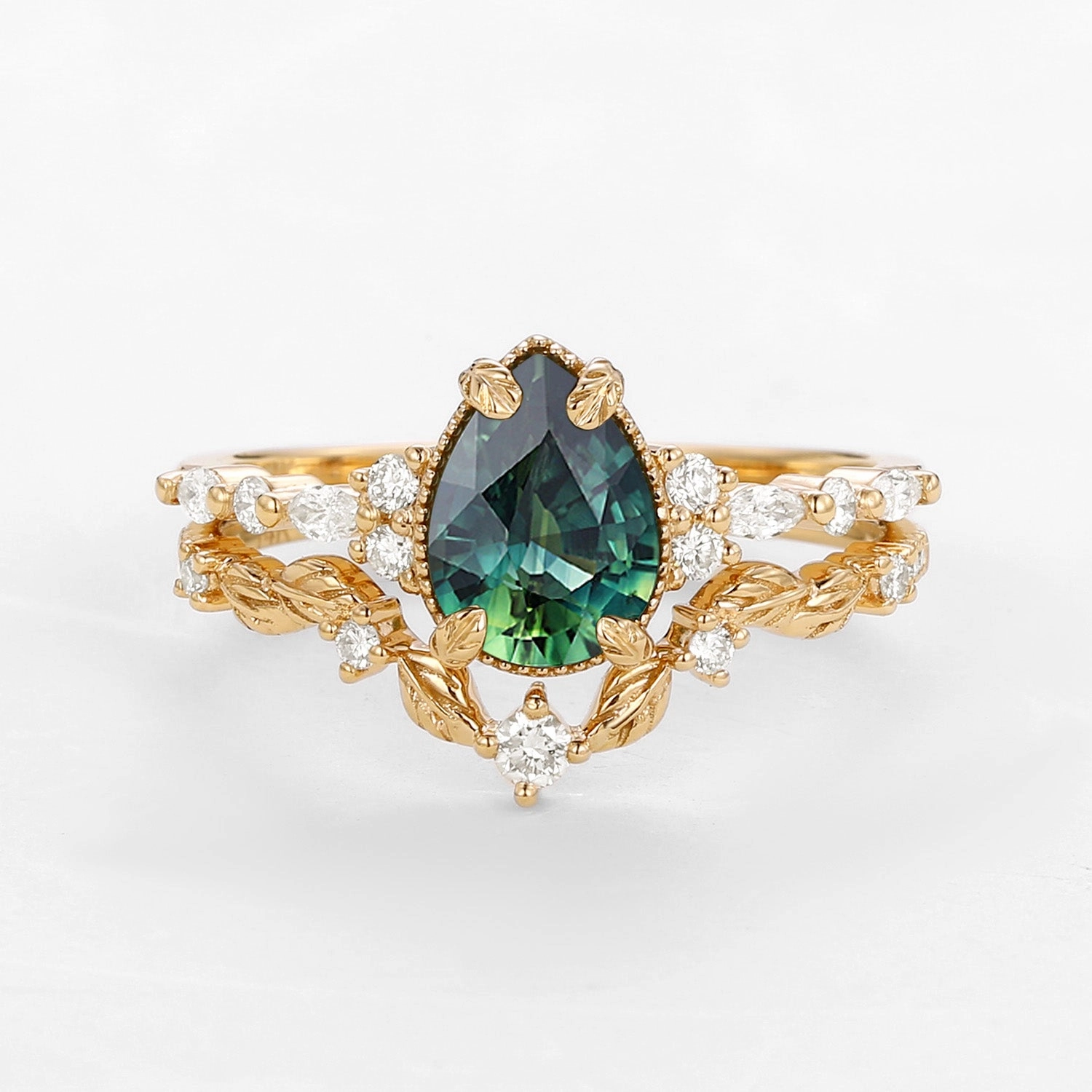 Luxury Layer Custom Jewelry Vintage Pear Shaped Moss Agate Leafy Ring Set 2pcs - Bryony