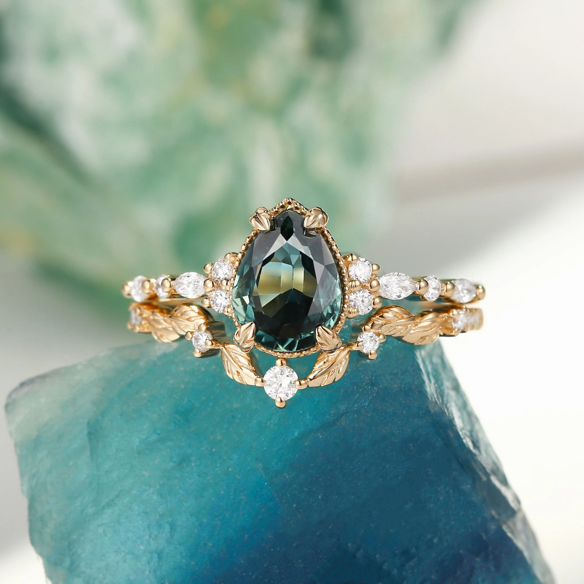 Vintage Pear Shaped Moss Agate Leafy Ring Set 2pcs - Bryony Intricate Work
