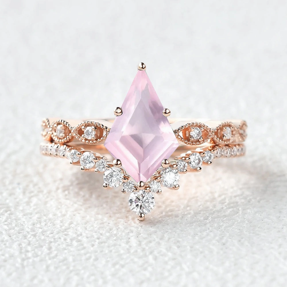 Custom Feel Vintage Rose Quartz Kite Cut Engagement Ring Set 2pcs - Winona