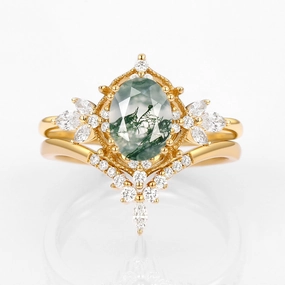 Vintage Signature Moss Agate Fairy Inspired Ring Set 2pcs Soft Match