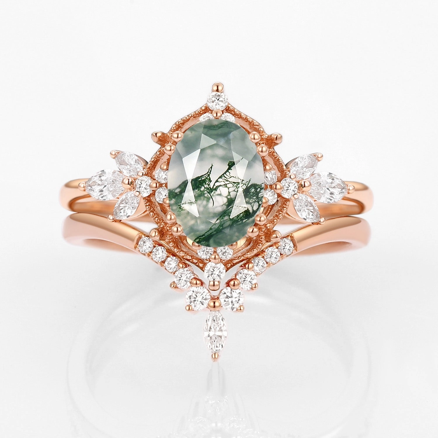 Casual Look Vintage Signature Moss Agate Fairy Inspired Ring Set 2pcs