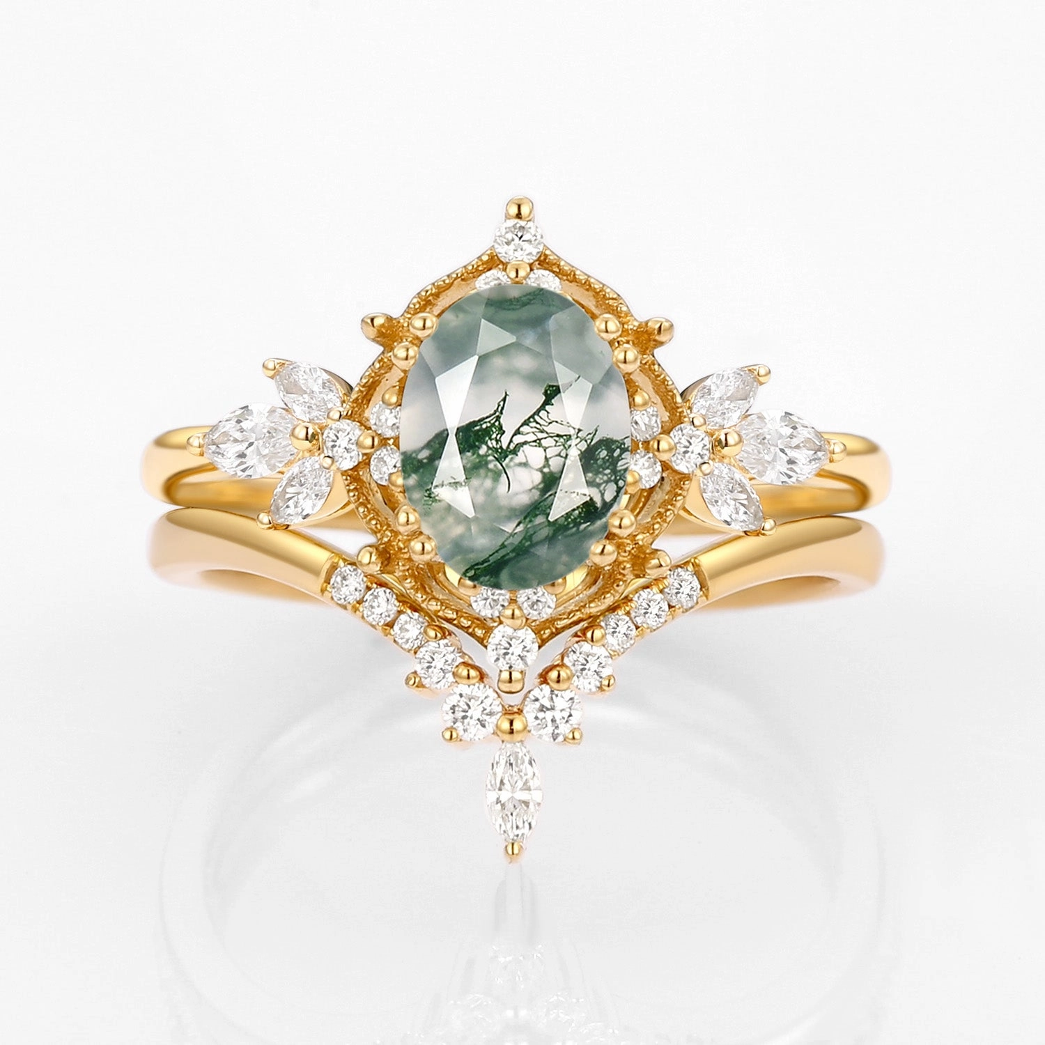 Vintage Signature Moss Agate Fairy Inspired Ring Set 2pcs Soft Match