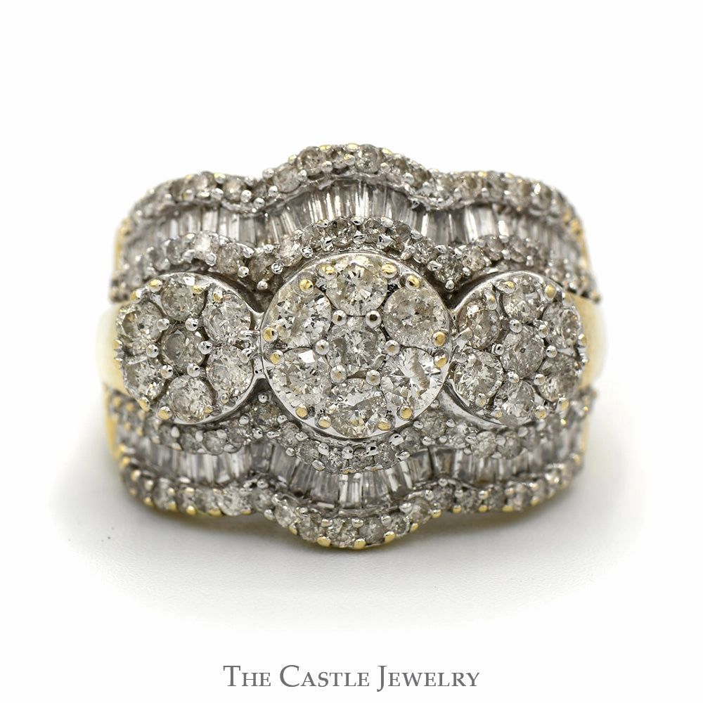 3cttw Triple Round Cluster Ring with Baguette Cut Accents in Tapered 10k Yellow Gold Mounting New Age Bold Style