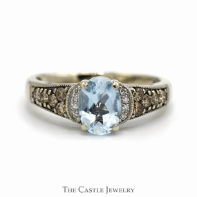 Le Vian Designer Oval Cut Aquamarine Ring with Chocolate & White Diamond Accents in 14k White Gold Wonderful Ornament Branded Work