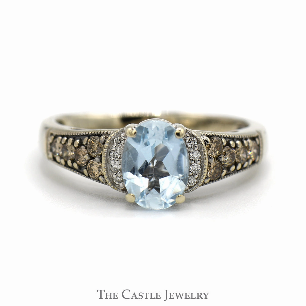 Le Vian Designer Oval Cut Aquamarine Ring with Chocolate & White Diamond Accents in 14k White Gold Wonderful Ornament Branded Work