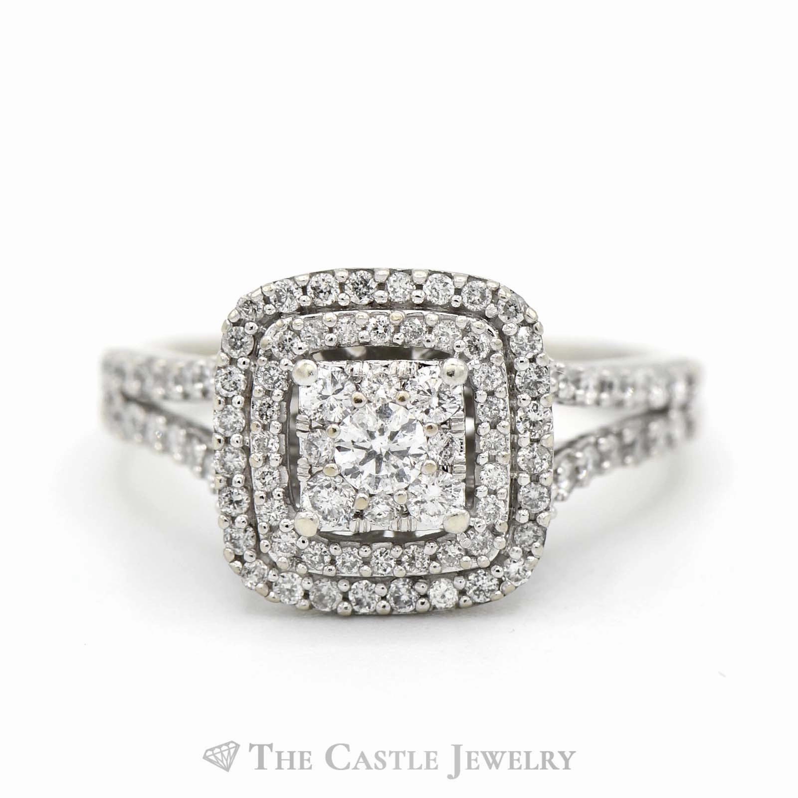 1cttw Square Diamond Cluster Engagement Ring with Double Halo and Accents in 14k White Gold Eternal Design Contemporary Accent
