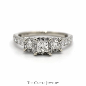 1cttw Three Stone Princess Cut Diamond Engagement Ring with Round Diamond Accents in 10k White Gold Creative Art