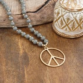 Long Wood Bead Necklace with golden peace sign pendant - Gray Group Event Jewelry