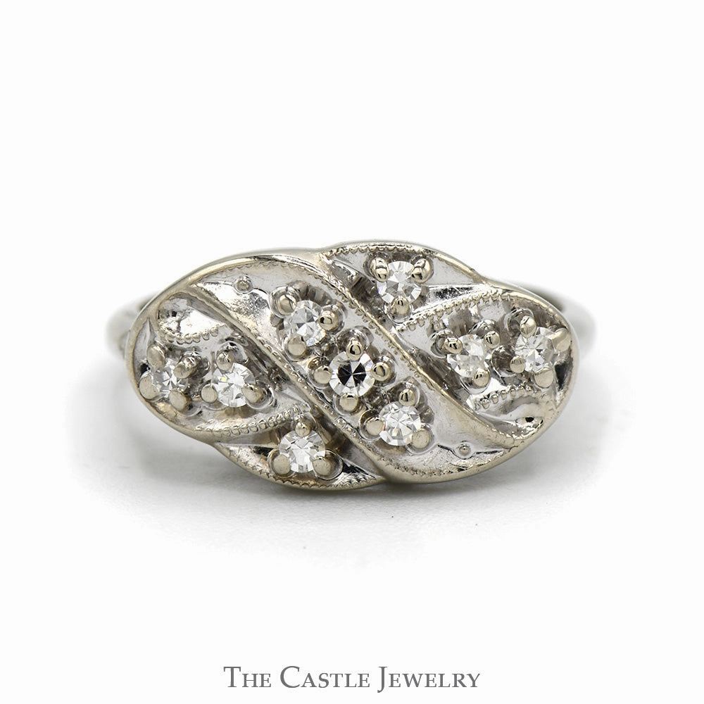 Side Set Oval Shaped Diamond Cluster Ring in 14k White Gold Handcrafted Expression