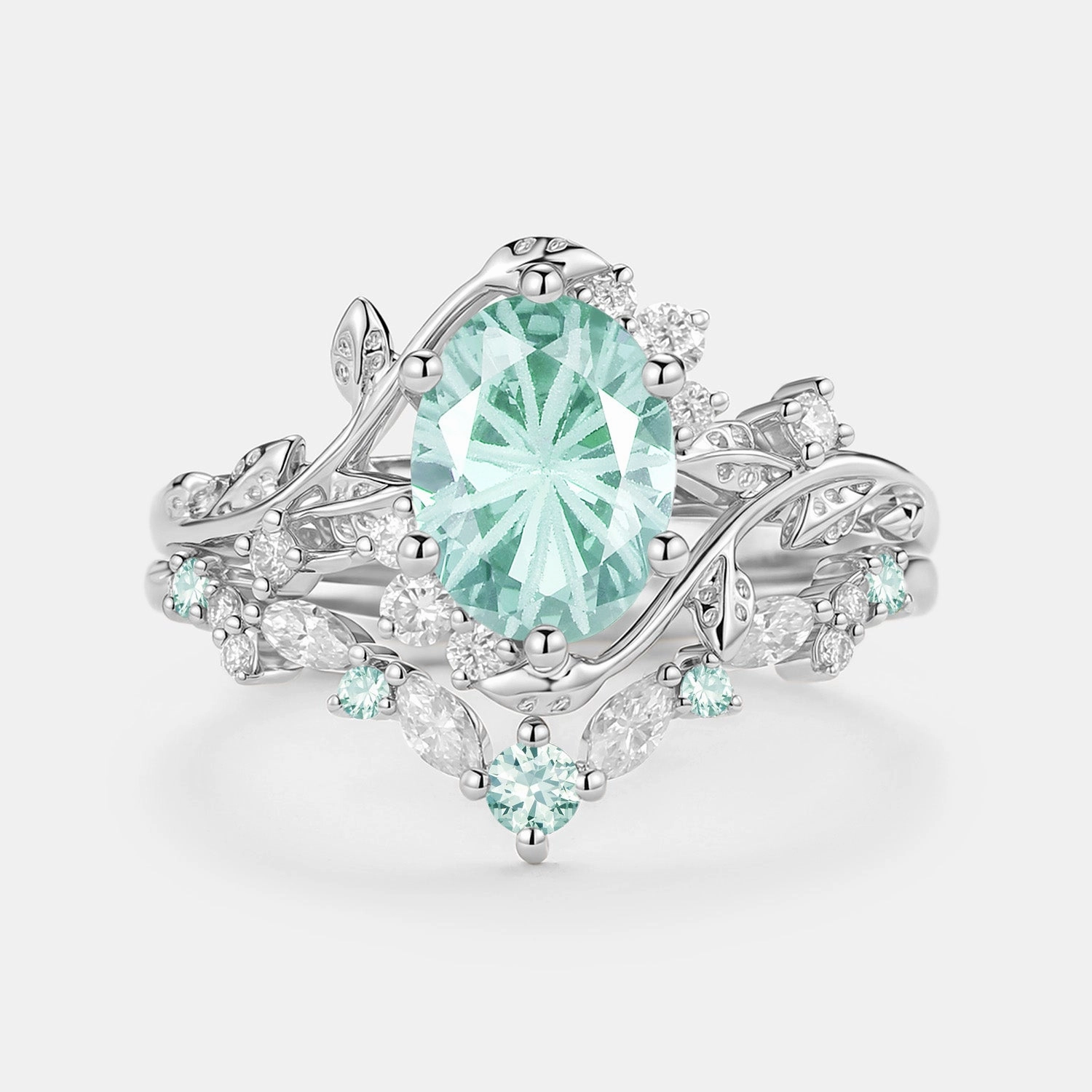 Gift Box Firework Cut Oval Leafy Lab Green Sapphire Engagement Ring Set 2pcs - Lilac