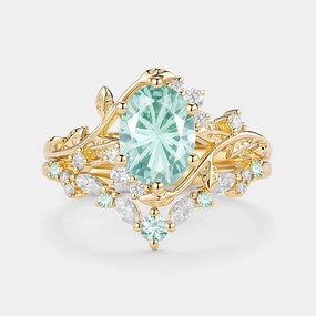 Subtle Finish Firework Cut Oval Leafy Lab Green Sapphire Engagement Ring Set 2pcs - Lilac