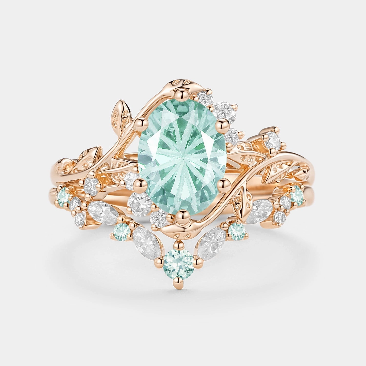 Custom Touch Refined Lines Firework Cut Oval Leafy Lab Green Sapphire Engagement Ring Set 2pcs - Lilac