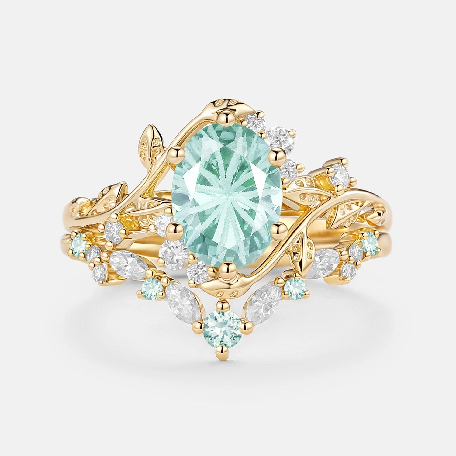 Subtle Finish Firework Cut Oval Leafy Lab Green Sapphire Engagement Ring Set 2pcs - Lilac