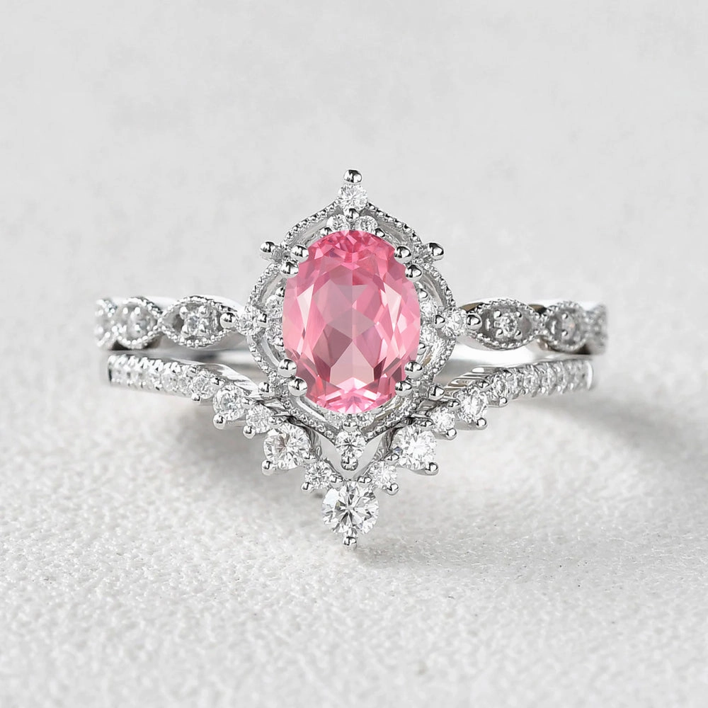 Chic Design Everyday Finish 1.5ct Padparadscha Sapphire Signature Vintage Ring Set 2pcs - Charlotte