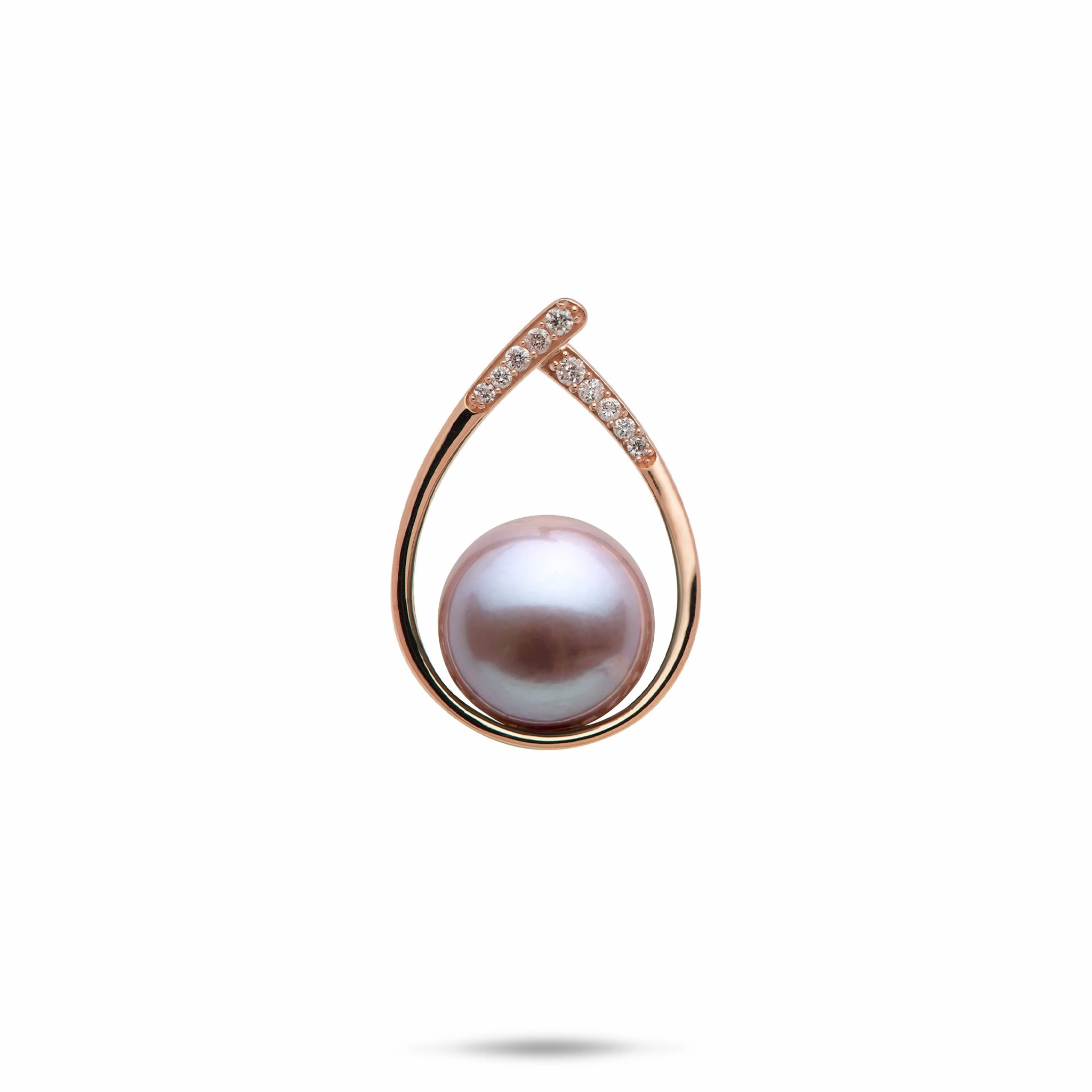 Teardrop Lilac Freshwater Pearl Pendant in Rose Gold with Diamonds - 10-11mm Formal Outfit Smooth Glow