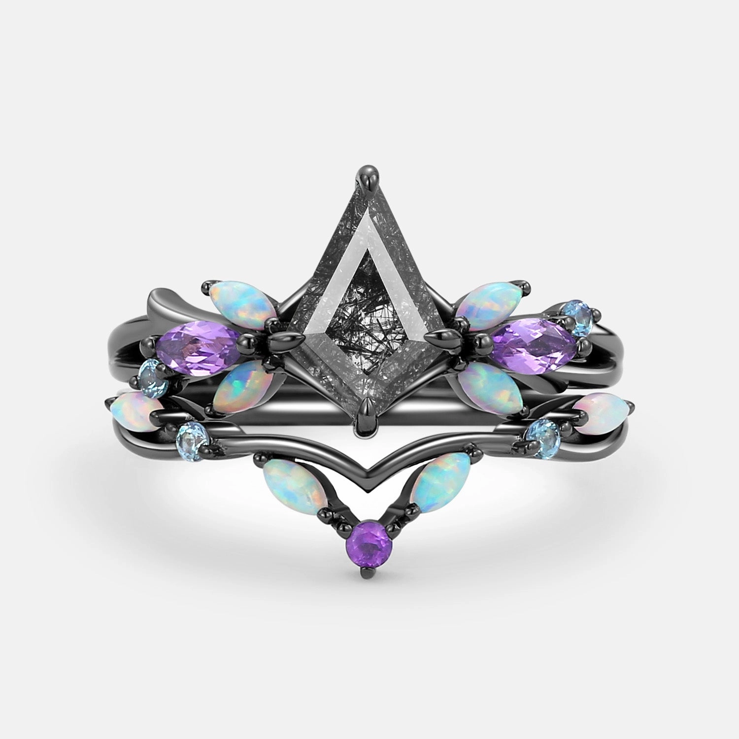 Luxe Mood Black Rutilated Quartz & Opal & Amethyst Unique Engagement Ring Set 2pcs - Bella