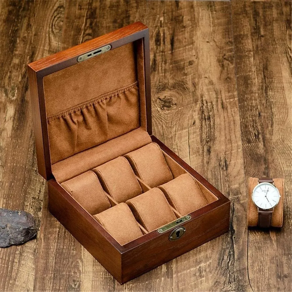 Watch Box Watch Case 6 Slots Watch Box Wooden Watch Storage Box With Lock Watch Box Watch Display Storage Box Watch Organiser Men(A)