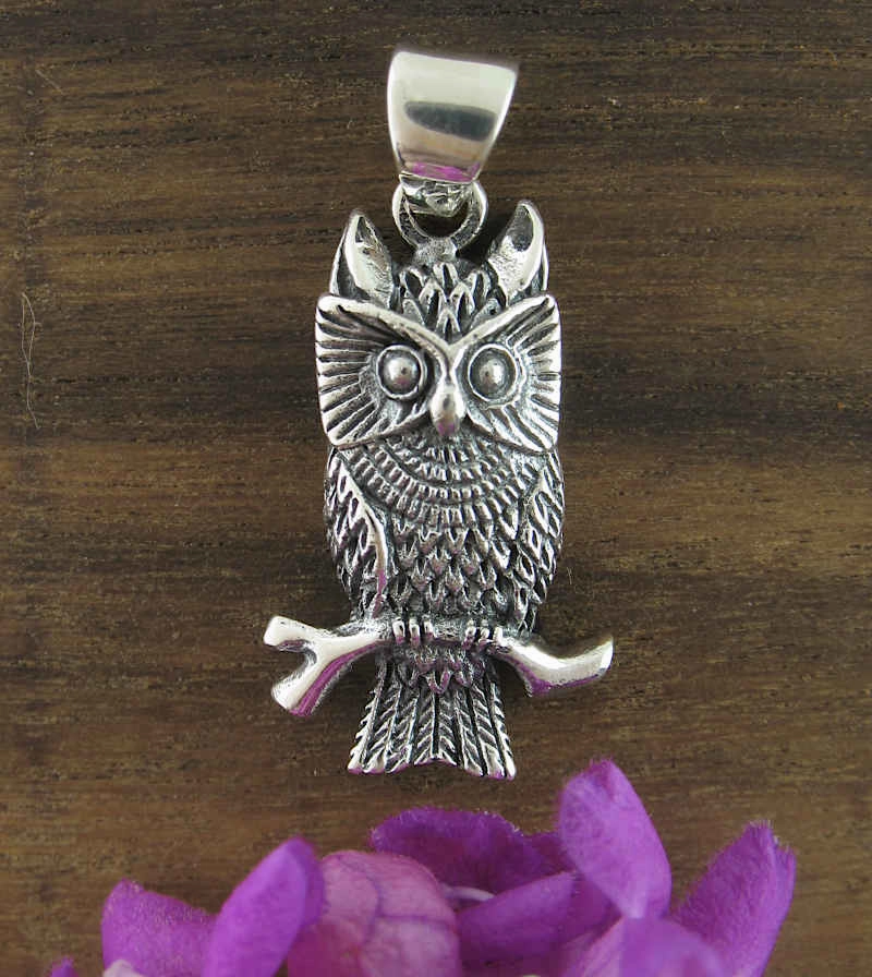 Watchful Horned Owl On Branch Oxidized Pendant Double Strand Jewelry