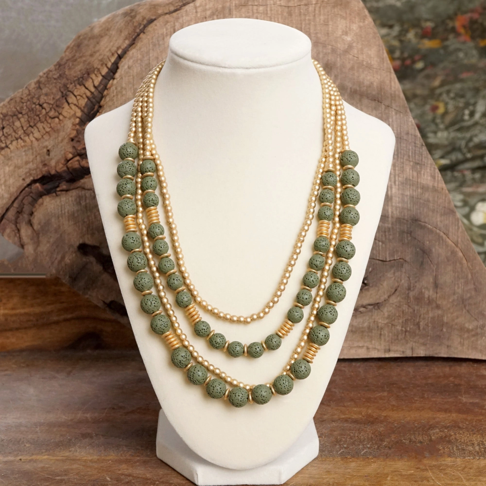 Personal expression Waterfall Multi Strand Statement Short Necklace Lava and Gold Beads