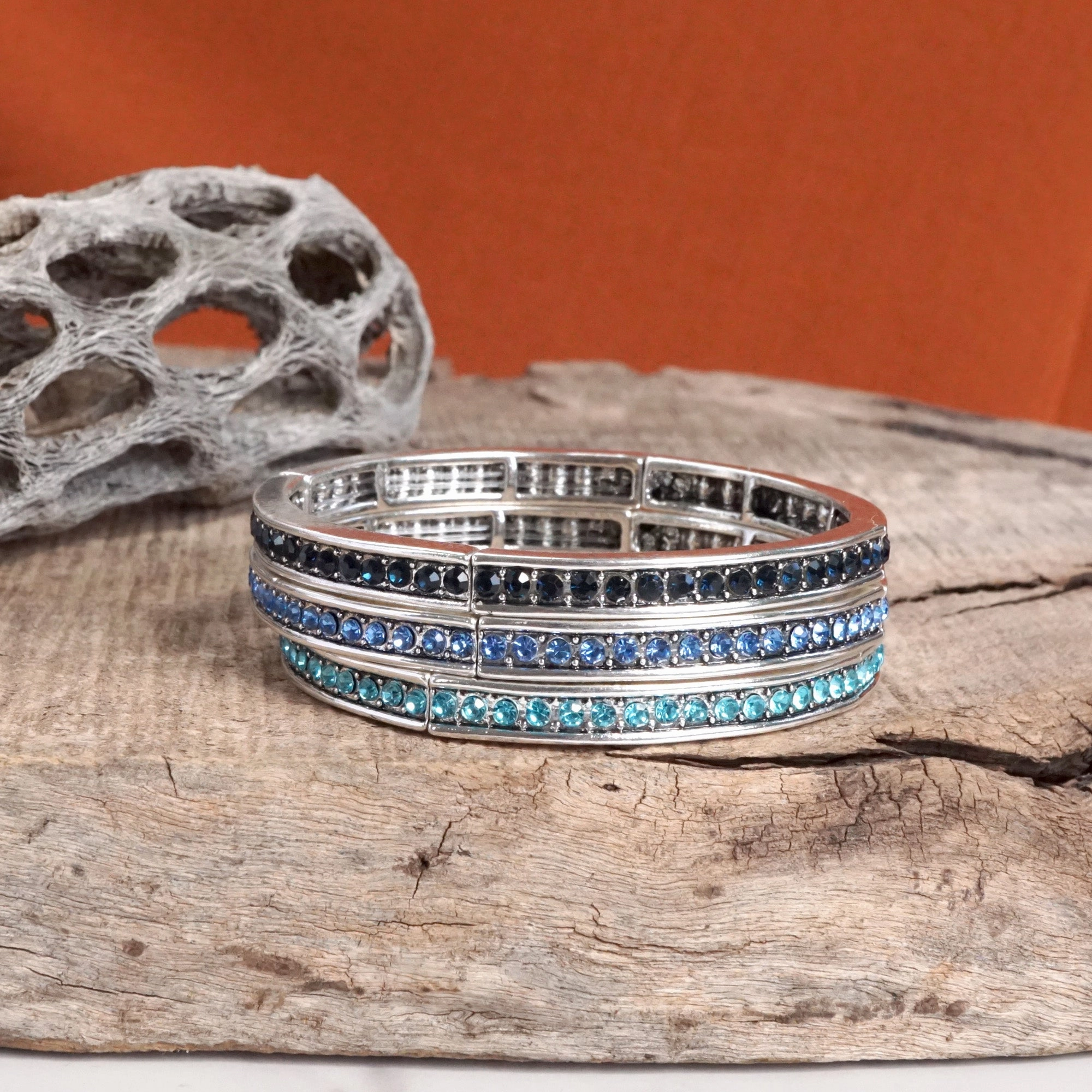 Western Sparkle Stretchy 3 Bangle Set ?C Silver Tone Crystals Pink & Blue Forever Favorite