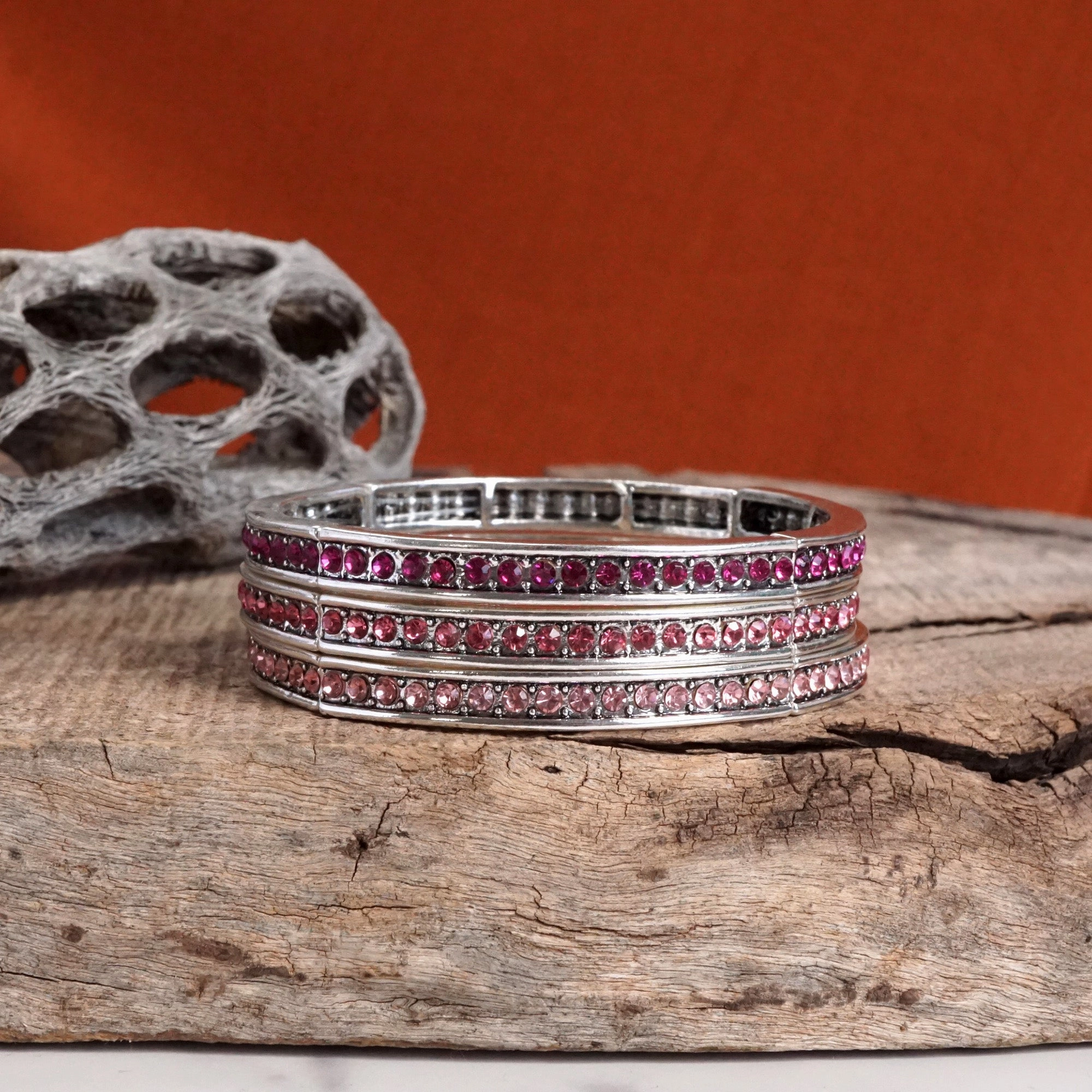 Western Sparkle Stretchy 3 Bangle Set ?C Silver Tone Crystals Pink & Blue Easy Fusions cruelty-free
