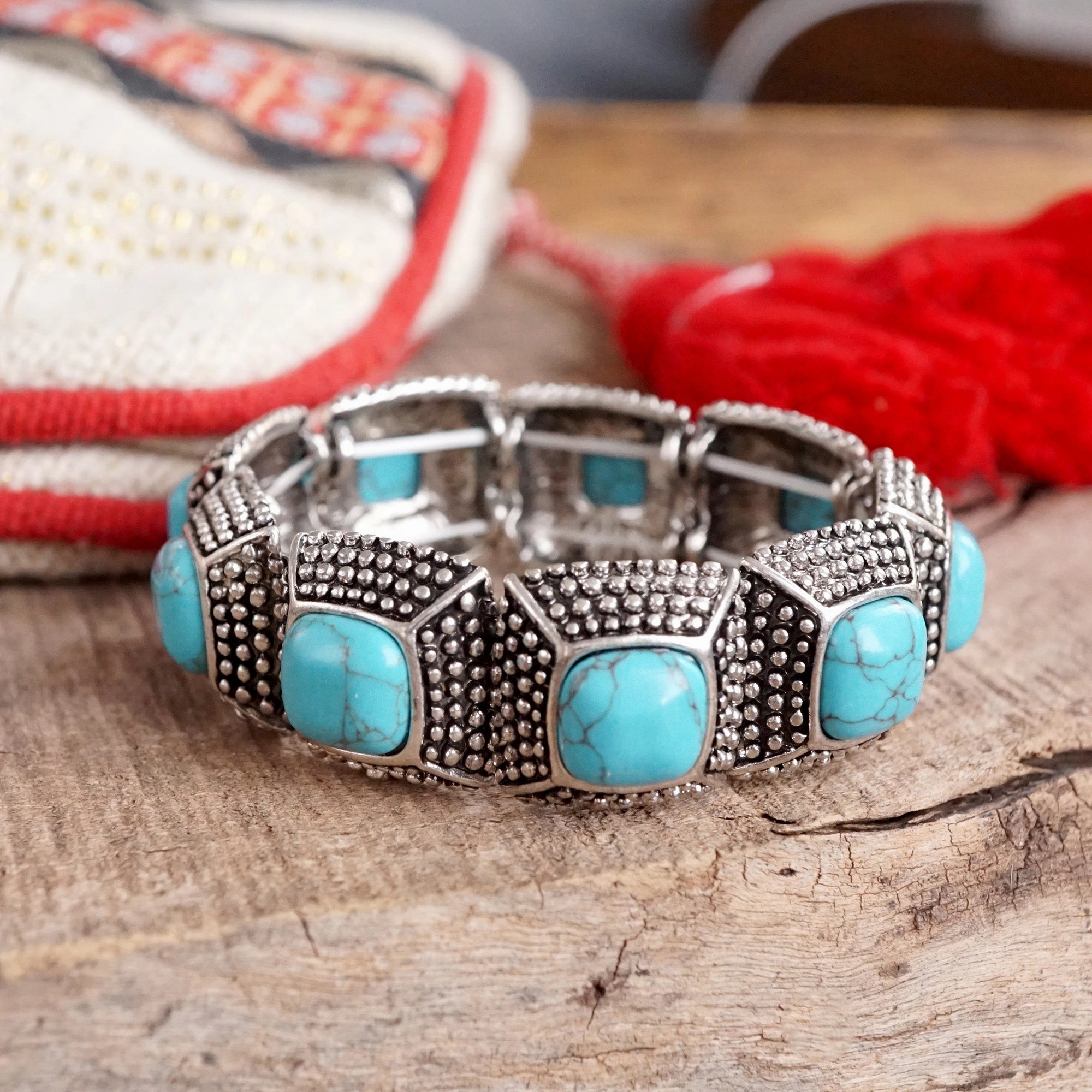 Heartwarming Connection Happy Amalgamations Western Stretchy Bangles ?C Buffalo Turquoise Flowers in Worn Silver Tone