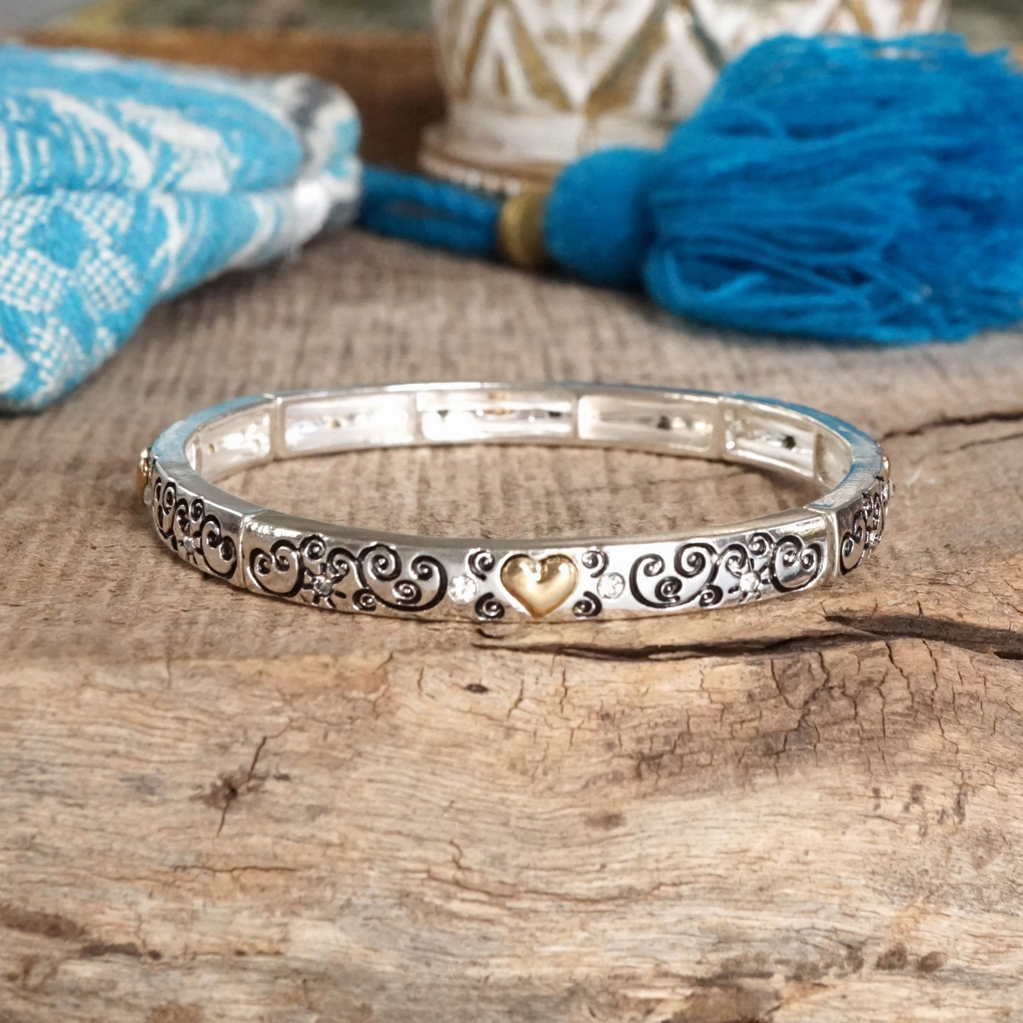 Whispers of Silver ?C Delicate Stretchy Bangles with Crystal and Heart Details Personalizable Touch