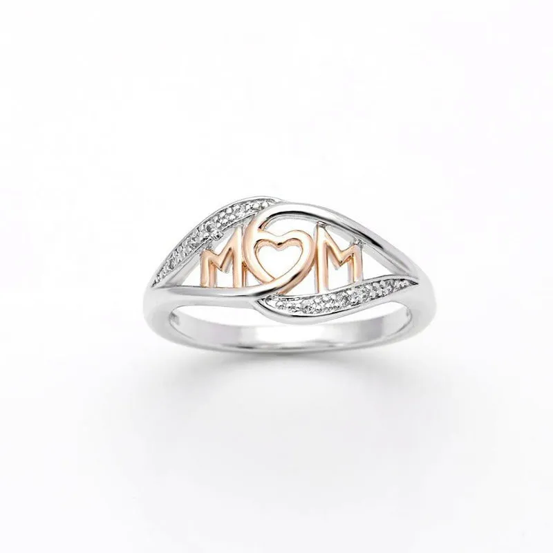 White and Rose Gold Sterling Silver Mom Heart Ring
