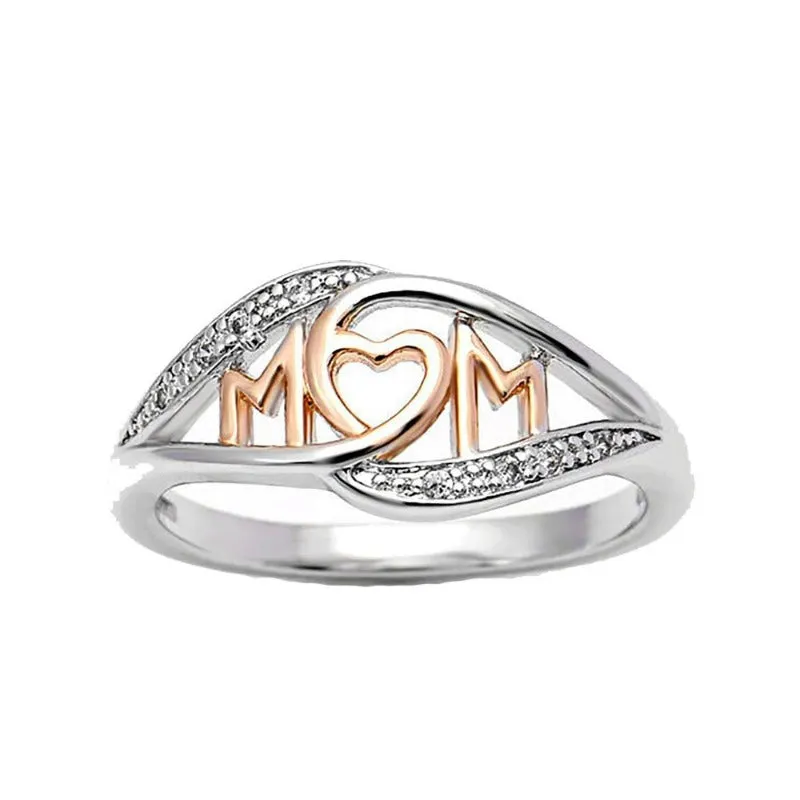 White and Rose Gold Sterling Silver Mom Heart Ring