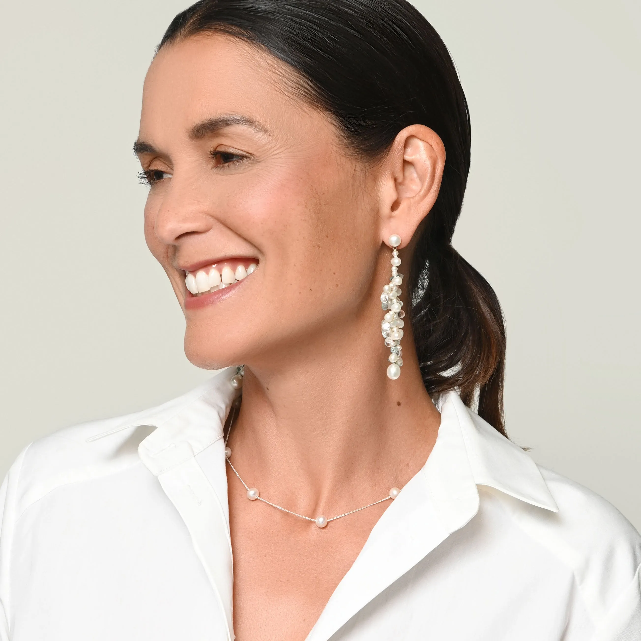 White Freshwater Pearl, Aqua Marine & Rainbow Moonstone Drop Earrings