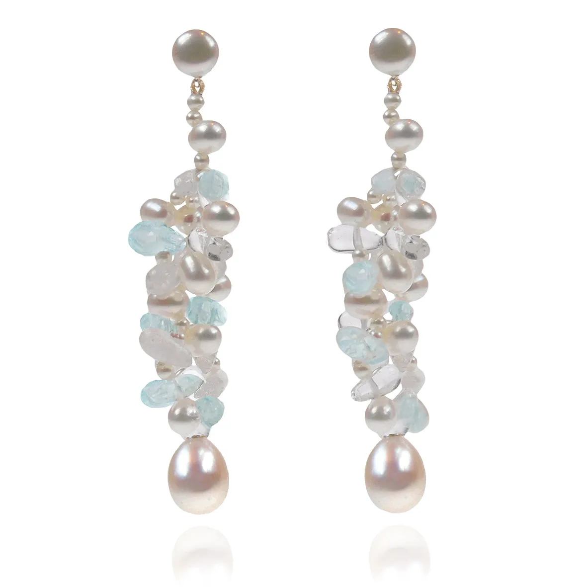 White Freshwater Pearl, Aqua Marine & Rainbow Moonstone Drop Earrings