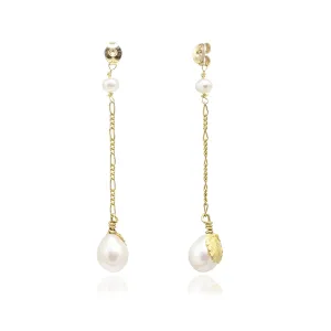 White Freshwater Pearl 'Back To Basics' Long-Drop Gold Plated Earrings