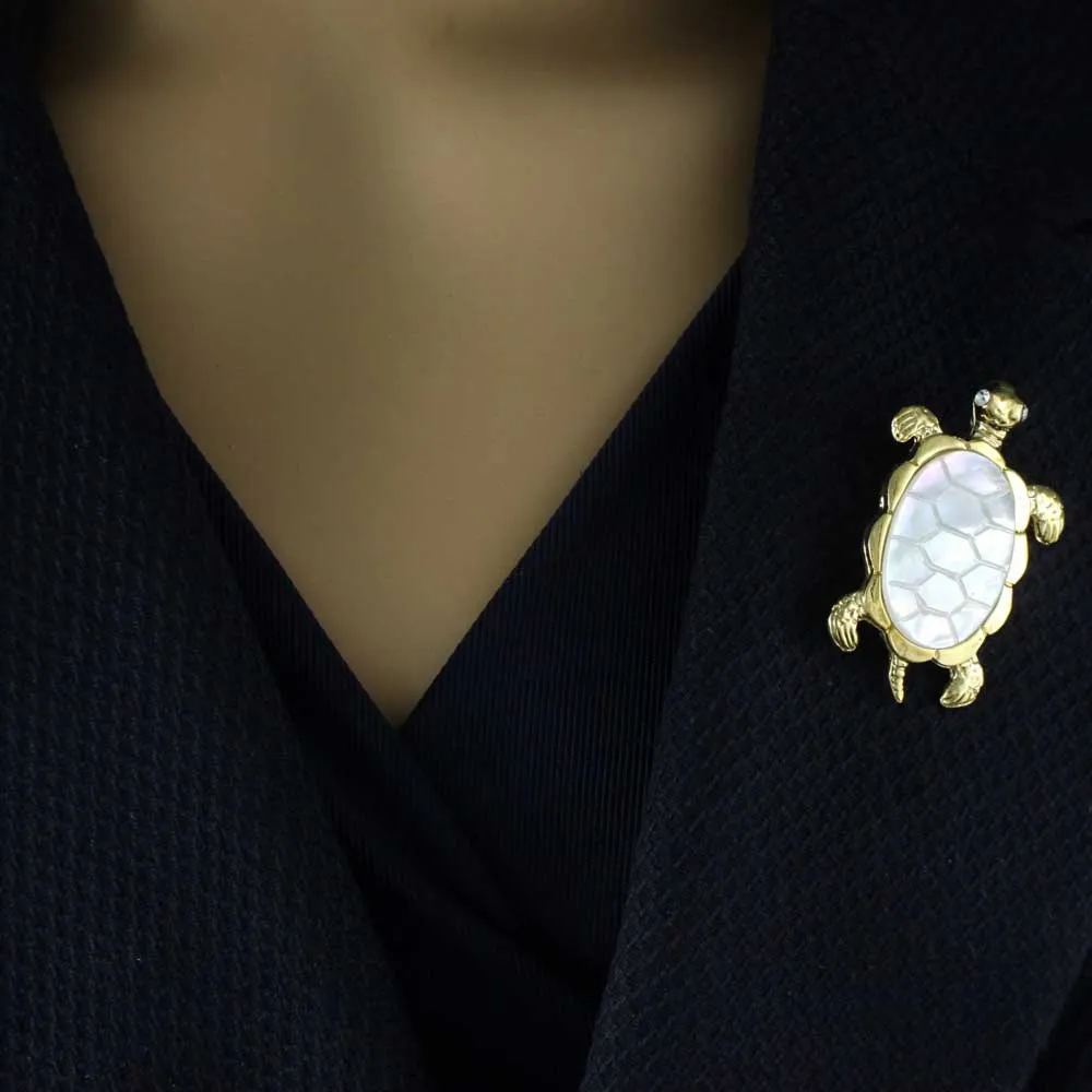 White Mother of Pearl Shell Turtle Brooch Pin - SLP013