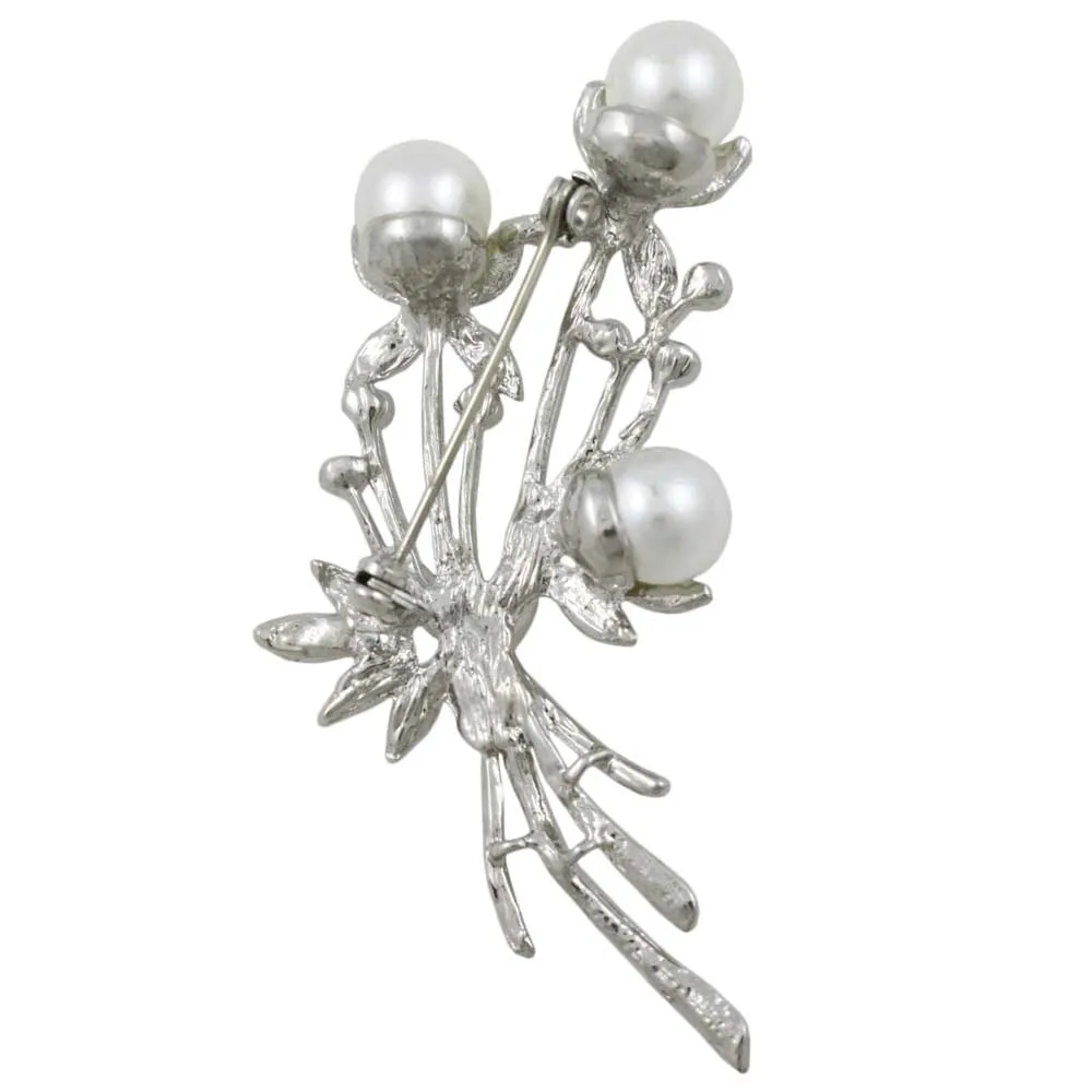 White Pearls with Clear Crystals Flower Buds Brooch Pin - PRP040