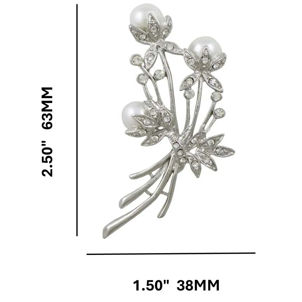 White Pearls with Clear Crystals Flower Buds Brooch Pin - PRP040