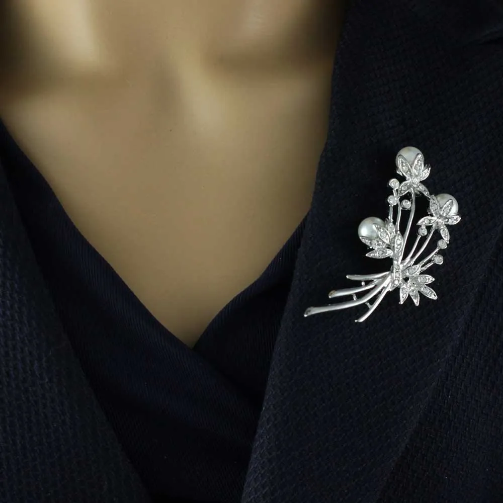 White Pearls with Clear Crystals Flower Buds Brooch Pin - PRP040