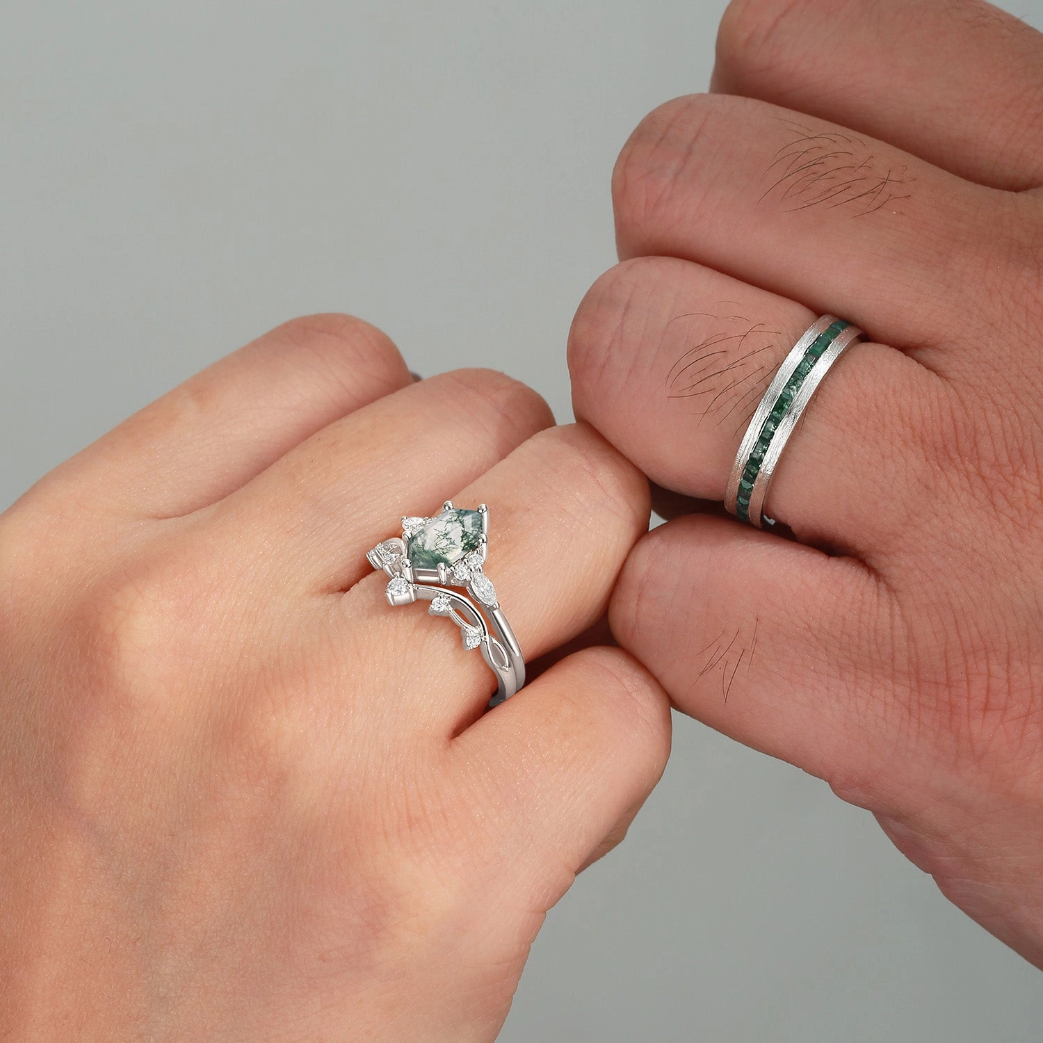 Opulent Craft White Gold Long Hexagon Moss Agate Leafy Couple Ring Set 3pcs - Ona