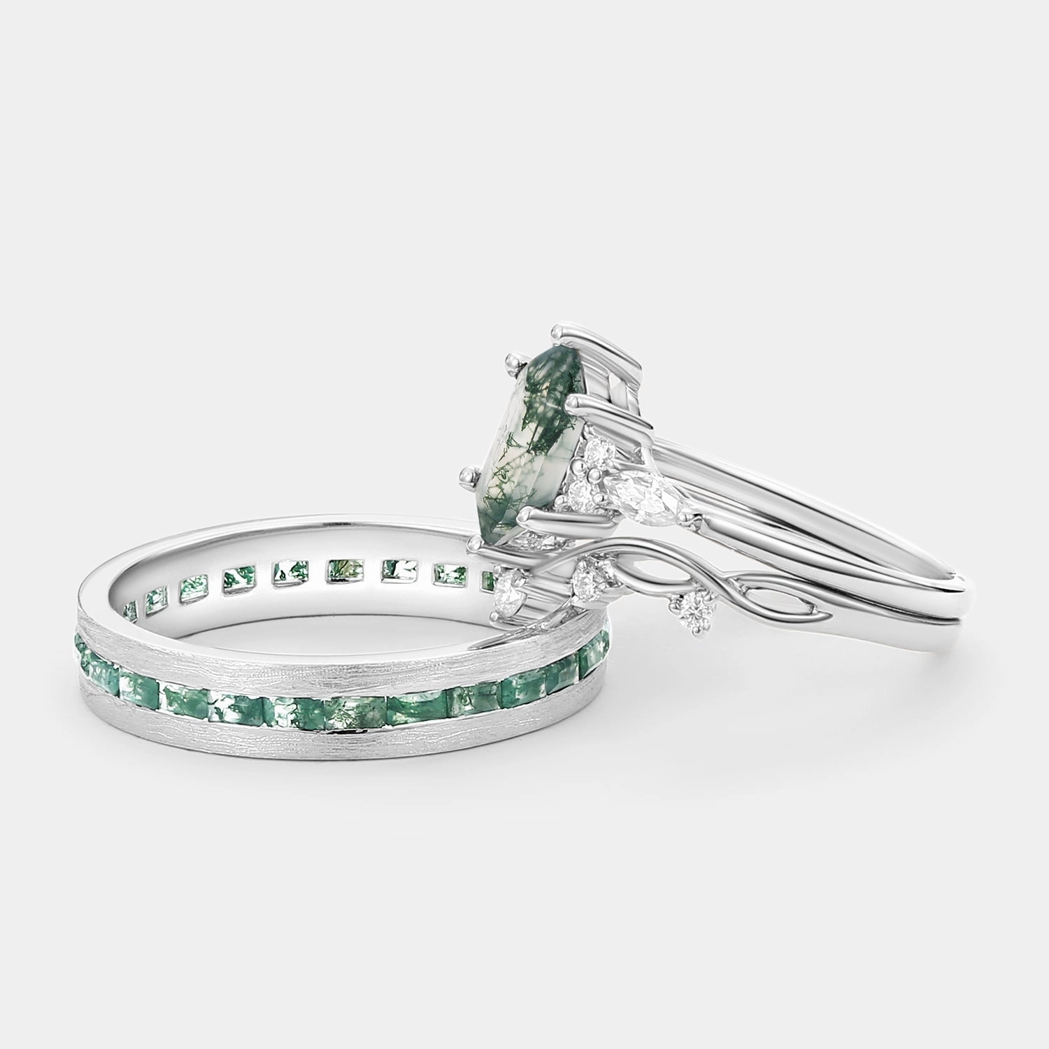White Gold Long Hexagon Moss Agate Leafy Couple Ring Set 3pcs - Ona Sophisticated Shine Pieces Smart Casual