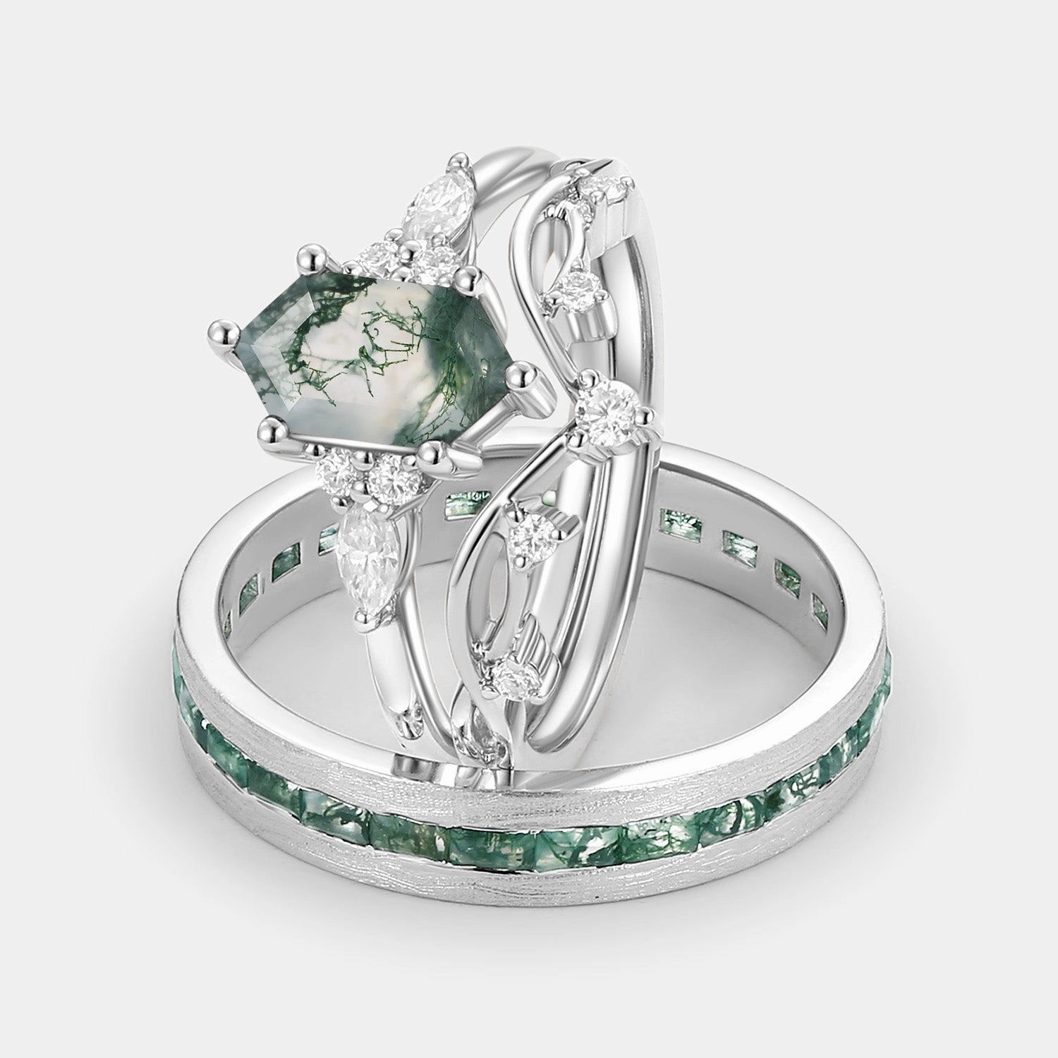 White Gold Long Hexagon Moss Agate Leafy Couple Ring Set 3pcs - Ona Chic Fusion